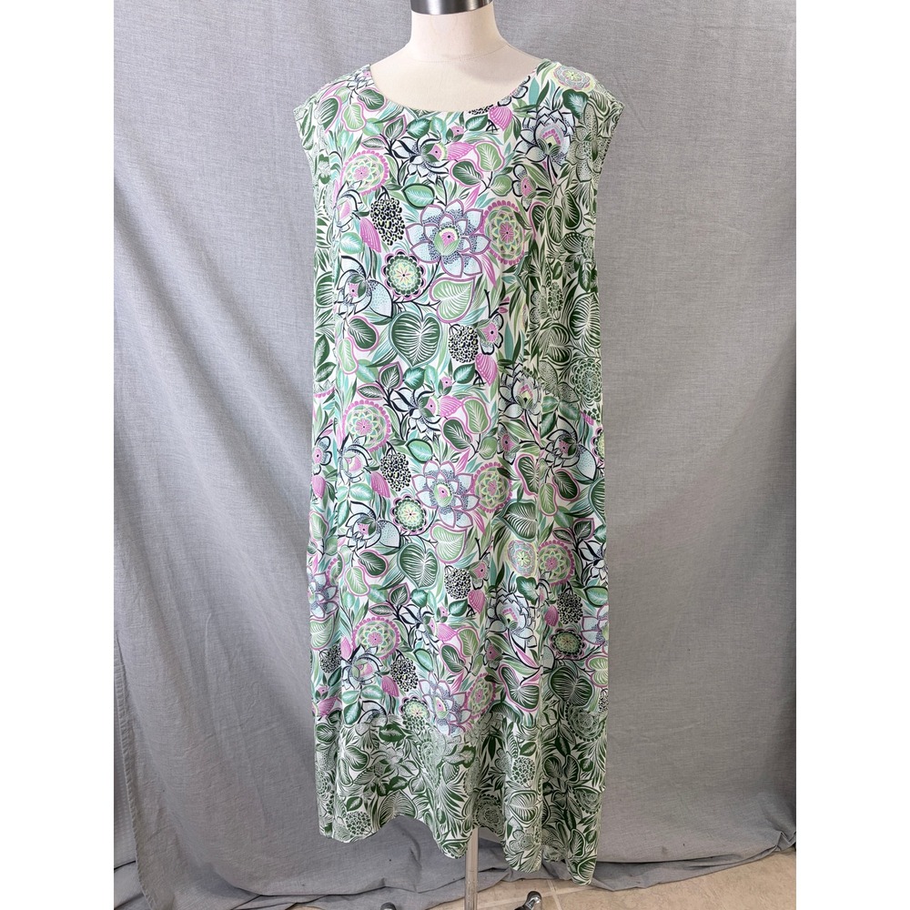 J. Jill Maxi Dress Green Pink Floral Botanical Sleeveless Rayon 3X
